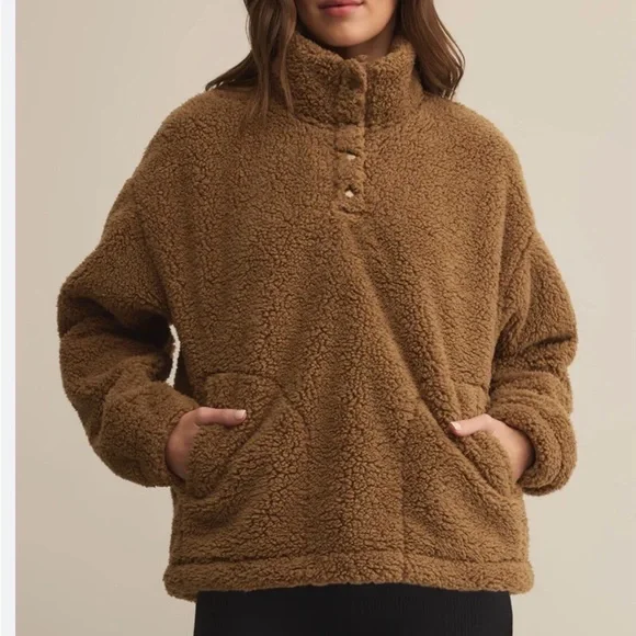 Z Supply Brooklyn Sherpa Jacket Soft Teddy Pullover in Camel Brown Small - Picture 3 of 6
